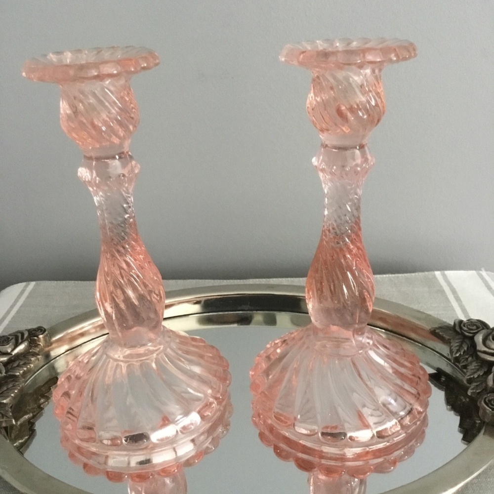 Pink Glass Shabby Chic Candlestick Holders Set of 2 Vintage
